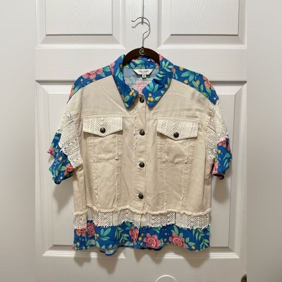 Tru Luxe Womens Short Sleeve Patchwork Shirt Jacket Size M Floral Lace NWT - Picture 4 of 16